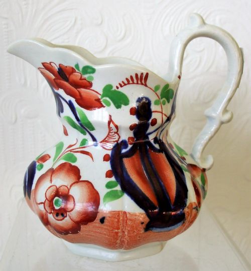 ANTIQUE VICTORIAN GAUDY WELSH PAGODA PATTERN POTTERY POUCH JUG