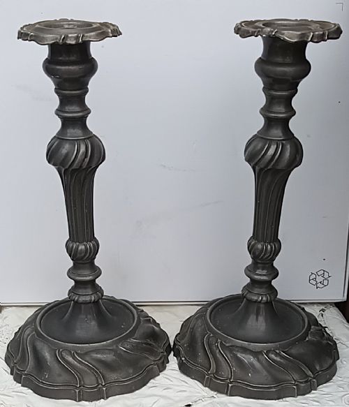 PAIR OF ANTIQUE VICTORIAN PEWTER ROCOCO CANDLESTICKS