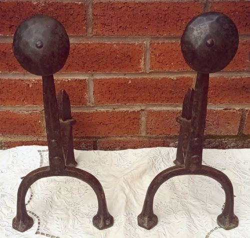 PAIR OF ANTIQUE ENGLISH VICTORIAN WROUGHT IRON ARTS CRAFTS ANDIRONS