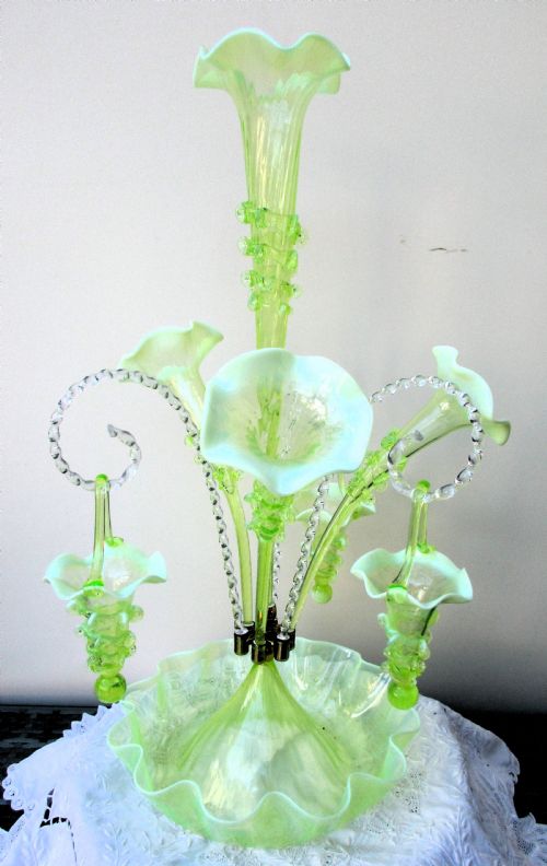 ANTIQUE ENGLISH VICTORIAN GREEN GLASS EPERGNE