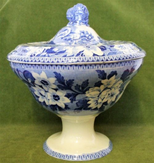 Antique English Georgian Blue and White Transfer "Elephant" Pattern Pottery Tureen and Cover ~ John Rogers & Son