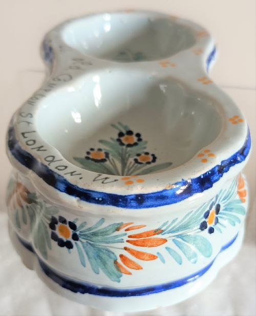 ANTIQUE HB QUIMPER FRENCH FAIENCE DOUBLE TABLE SALT - ADDITIONAL PHOTO 4