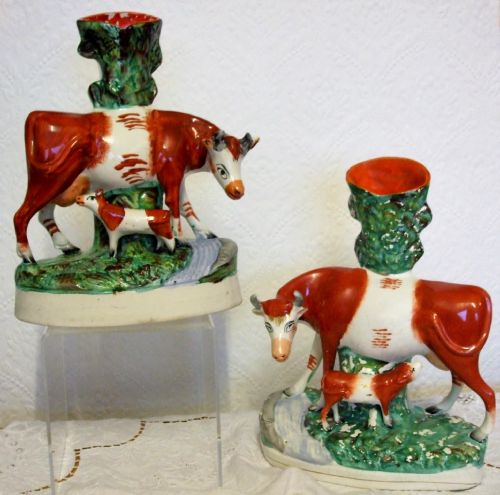 PAIR OF ANTIQUE ENGLISH VICTORIAN STAFFORDSHIRE POTTERY COW AND CALF SPILL VASES - ADDITIONAL PHOTO 1