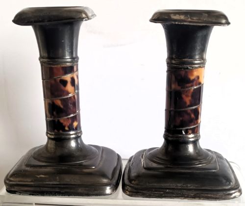 PAIR OF ANTIQUE VICTORIAN PEWTER AND TORTOISESHELL CANDLESTICKS