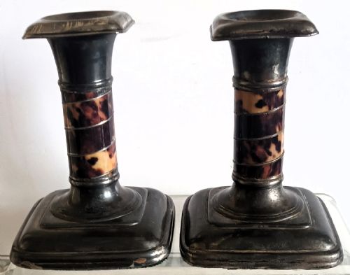 PAIR OF ANTIQUE VICTORIAN PEWTER AND TORTOISESHELL CANDLESTICKS - ADDITIONAL PHOTO 1