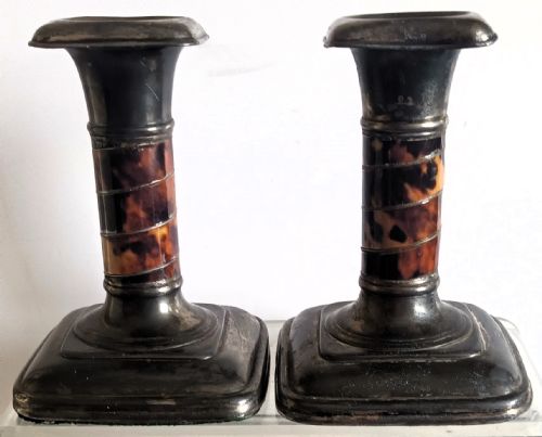 PAIR OF ANTIQUE VICTORIAN PEWTER AND TORTOISESHELL CANDLESTICKS - ADDITIONAL PHOTO 2