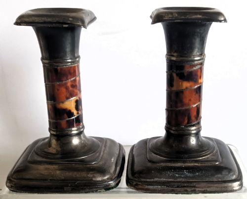 PAIR OF ANTIQUE VICTORIAN PEWTER AND TORTOISESHELL CANDLESTICKS - ADDITIONAL PHOTO 3