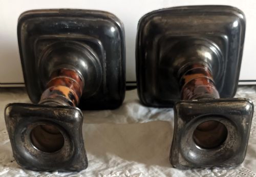 PAIR OF ANTIQUE VICTORIAN PEWTER AND TORTOISESHELL CANDLESTICKS - ADDITIONAL PHOTO 4
