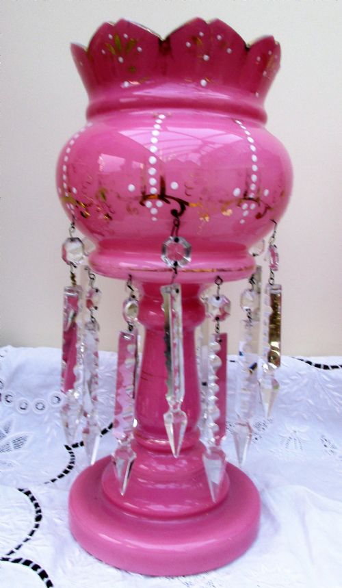 PAIR OF ANTIQUE ENGLISH VICTORIAN PINK GLASS LUSTRES - ADDITIONAL PHOTO 1