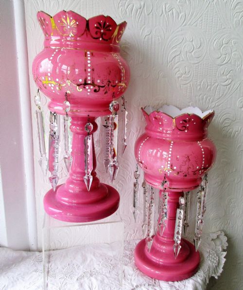 PAIR OF ANTIQUE ENGLISH VICTORIAN PINK GLASS LUSTRES - ADDITIONAL PHOTO 4