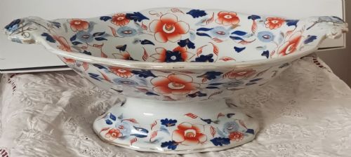 fig 1. An antique Georgian ironstone footed comport featuring a hand-painted Japan pattern in cobalt blue and rust orange with twin side handles.