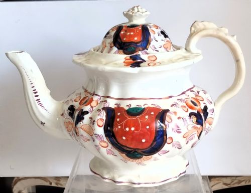 Antique Georgian Gaudy Welsh "Oriental / Coloured Hexagon" Pattern Teapot