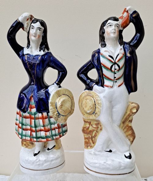 Pair of Antique English Victorian Staffordshire Pottery Theatrical  Figures ~ "Ben Backstay and Companion"