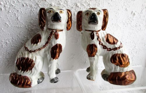 Pair of Antique English Victorian Staffordshire Pottery "Comforter" Spaniels