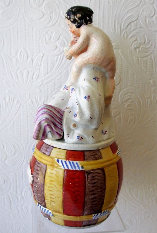 ANTIQUE ENGLISH VICTORIAN STAFFORDSHIRE PIERROT TOBACCO JAR AND COVER - ADDITIONAL PHOTO 1