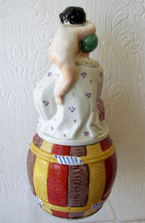 ANTIQUE ENGLISH VICTORIAN STAFFORDSHIRE PIERROT TOBACCO JAR AND COVER - ADDITIONAL PHOTO 2