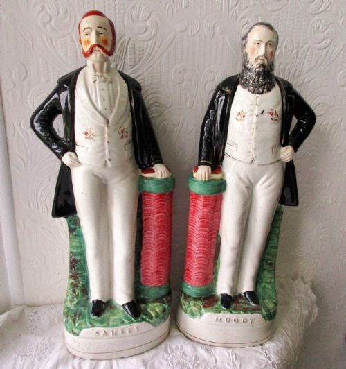 Pair of Antique English Victorian Staffordshire Pottery Portrait Figures ~ "Moody & Sankey"