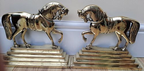 PAIR OF ANTIQUE ENGLISH GEORGIAN BRASS CHIMNEY HORSES DOOR PORTERS