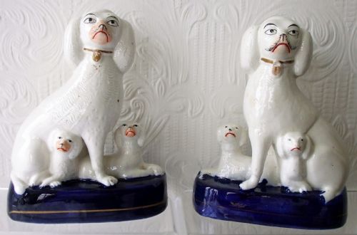 Pair of Antique English Victorian Staffordshire Pottery Poodles with Pups
