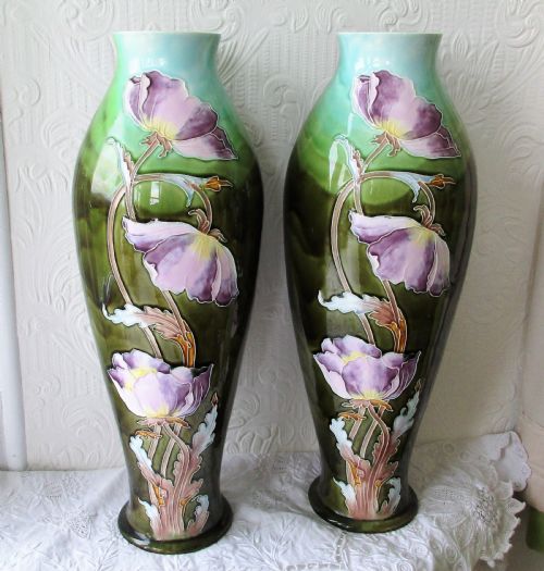 PAIR OF ANTIQUE FRENCH FAIENCE ART NOUVEAU VASES