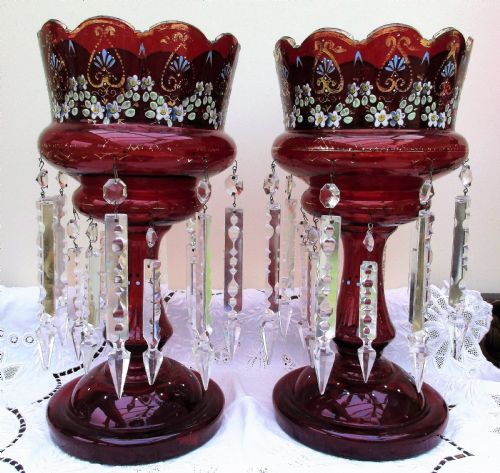 Pair of Antique English Victorian Ruby Glass Lustres