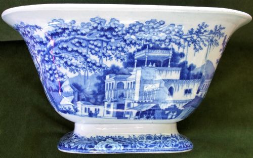 fig 1. A square antique Georgian blue and white earthenware serving bowl decorated with an Eastern architectural scene and an ornate floral border.