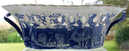 ANTIQUE ENGLISH GEORGIAN BLUE AND WHITE TRANSFER RIVER SCENE WITH FORT PATTERN POTTERY CHESTNUT BASKET J R CLEWS - ADDITIONAL PHOTO 5