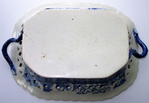 ANTIQUE ENGLISH GEORGIAN BLUE AND WHITE TRANSFER RIVER SCENE WITH FORT PATTERN POTTERY CHESTNUT BASKET J R CLEWS - ADDITIONAL PHOTO 7