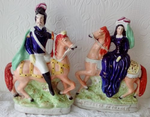 Pair of Antique English Victorian Staffordshire Pottery Figures ~ "Louis Napoleon and Empress of France"