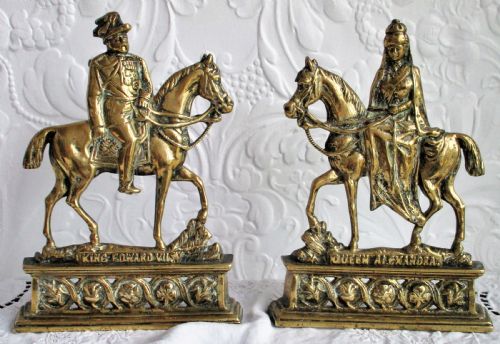 Pair of Antique English Brass Chimney Ornaments ~ "King Edward VII & Queen Alexandra"