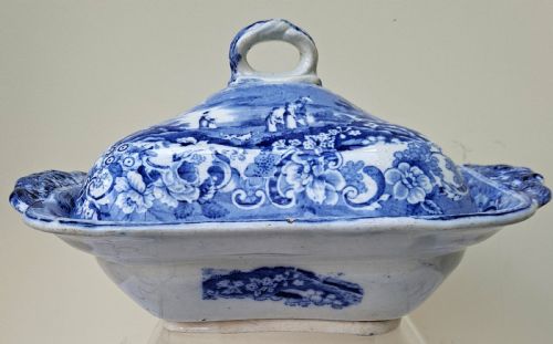 fig 1. Victorian blue and white earthenware covered vegetable tureen featuring a printed rural landscape pattern.