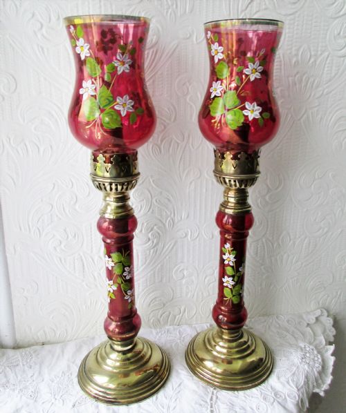 Pair of Antique English Victorian Brass and Glass Candle-lamps