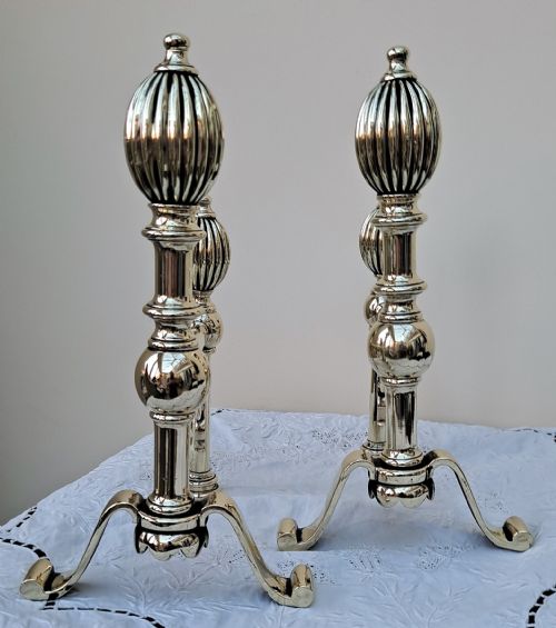 Pair of Antique English Victorian Brass Andirons