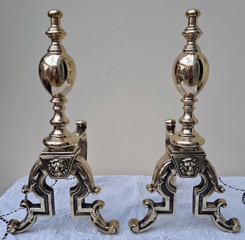 pair of antique english victorian brass andirons - CATEGORY: ANTIQUE FIREPLACES - DATED 19TH CENTURY