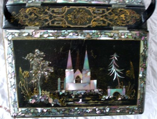 ANTIQUE ENGLISH VICTORIAN PAPIERMCH NEEDLEWORK CASKET - ADDITIONAL PHOTO 2
