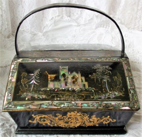 ANTIQUE ENGLISH VICTORIAN PAPIERMCH NEEDLEWORK CASKET - ADDITIONAL PHOTO 4