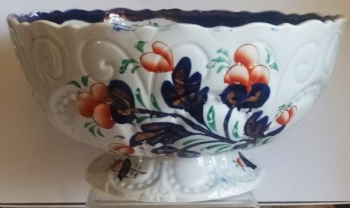 ANTIQUE VICTORIAN GAUDY WELSH BASKET OF FLOWERS PATTERN FOOTED POTTERY BOWL - ADDITIONAL PHOTO 2