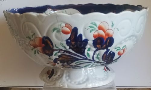 ANTIQUE VICTORIAN GAUDY WELSH BASKET OF FLOWERS PATTERN FOOTED POTTERY BOWL - ADDITIONAL PHOTO 6