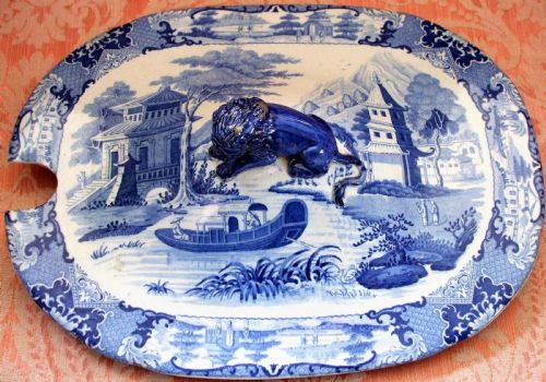 Antique English Georgian Blue and White Transfer "Canton River Scene" Pottery Tureen Cover ~  Robert Hamilton