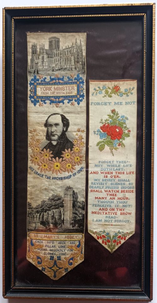 FRAMED PAIR OF ANTIQUE ENGLISH VICTORIAN STEVENS OF COVENTRY SILK BOOKMARKERS