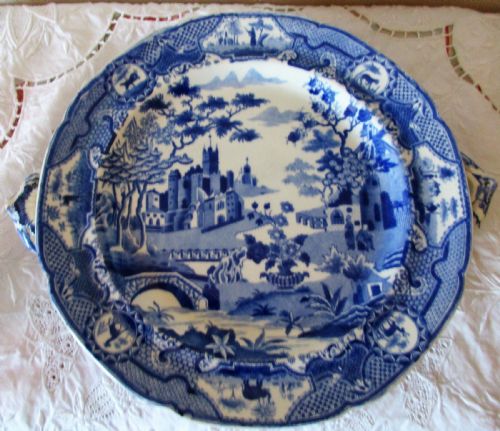 Antique English Georgian Blue and White Transfer "Gothic Castle" Pottery Hot-water Plate ~ Spode