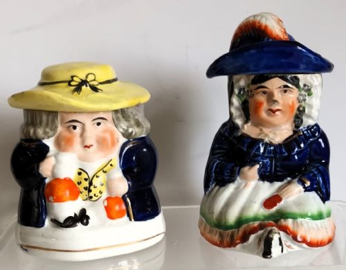 PAIR OF ANTIQUE VICTORIAN GAUDY WELSH LADY AND GENTLEMAN TOBACCO JARS