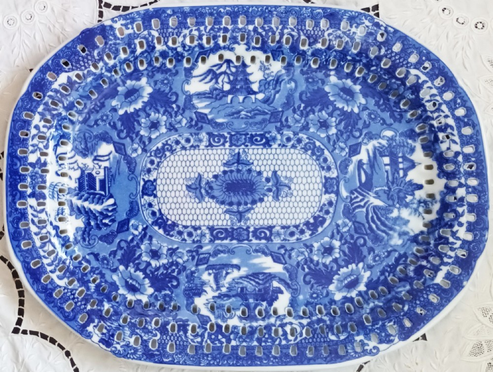 Antique English Georgian Blue and White Transfer Pierced 