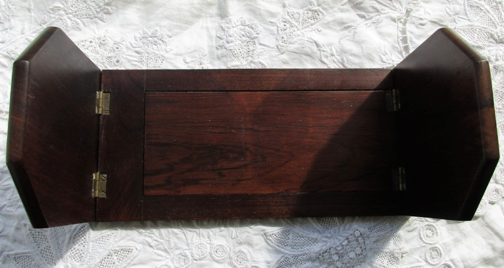 An antique Victorian expanding rosewood book slide decorated with Tunbridge ware marquetry panels depicting a scroll pattern and a moth. View II