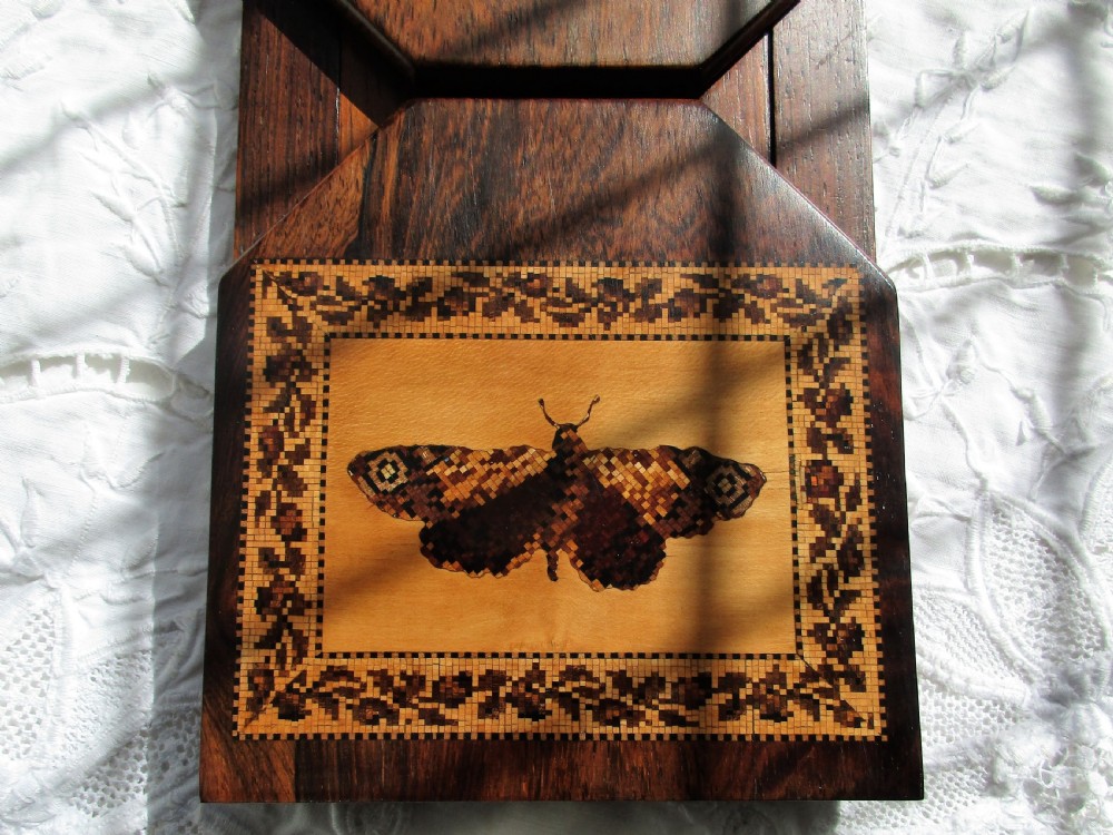 An antique Victorian expanding rosewood book slide decorated with Tunbridge ware marquetry panels depicting a scroll pattern and a moth. View III
