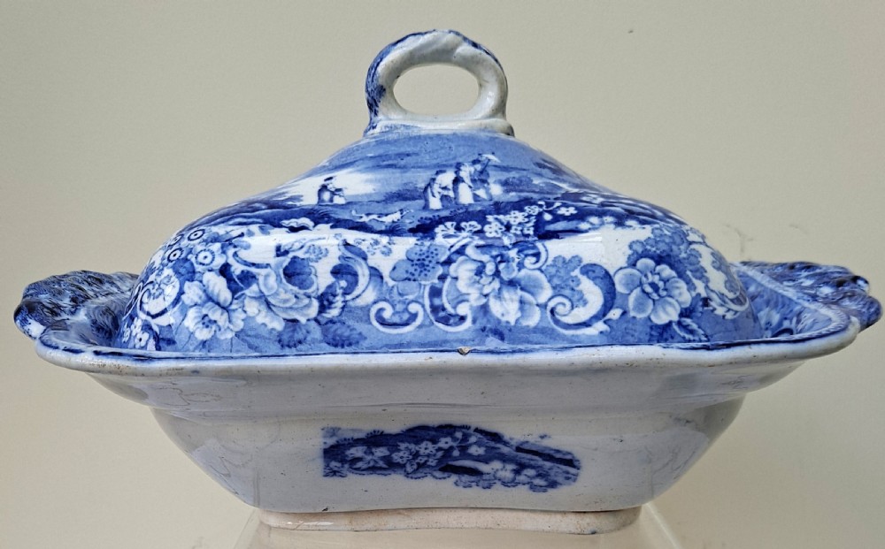 Victorian blue and white earthenware covered vegetable tureen featuring a printed rural landscape pattern. View II