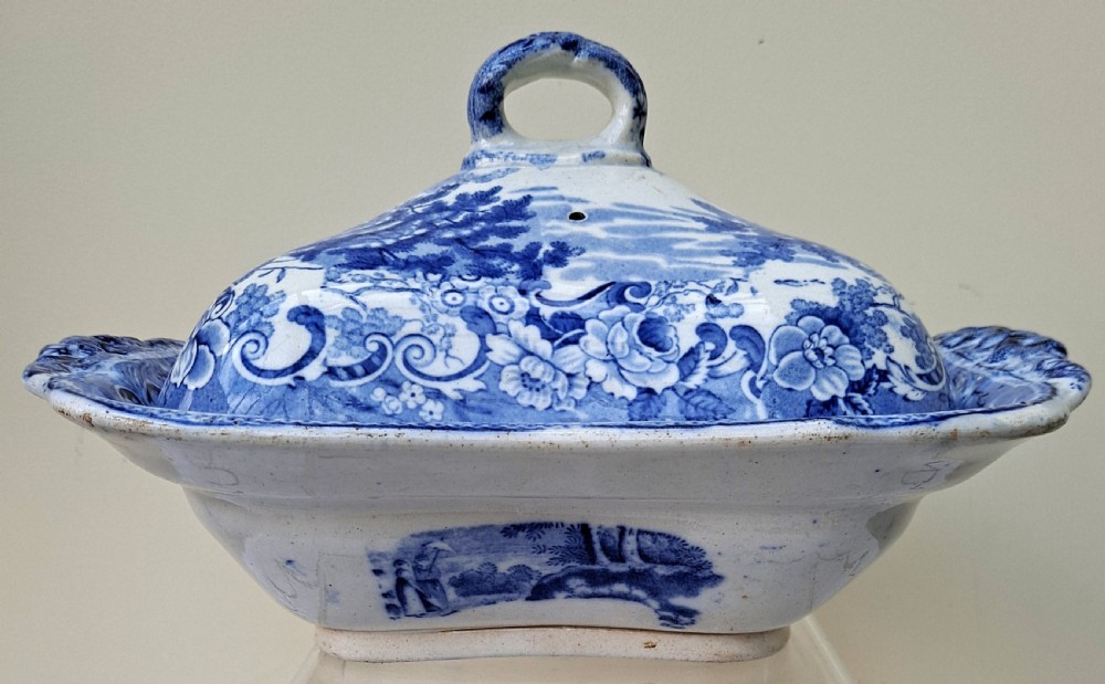 Victorian blue and white earthenware covered vegetable tureen featuring a printed rural landscape pattern. View IV