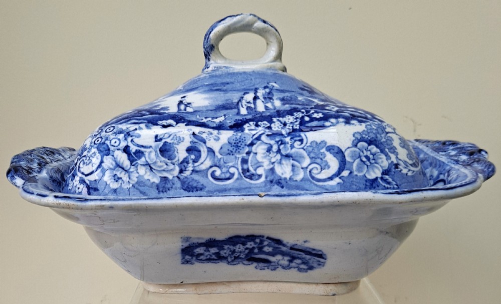 Victorian blue and white earthenware covered vegetable tureen featuring a printed rural landscape pattern. View VI