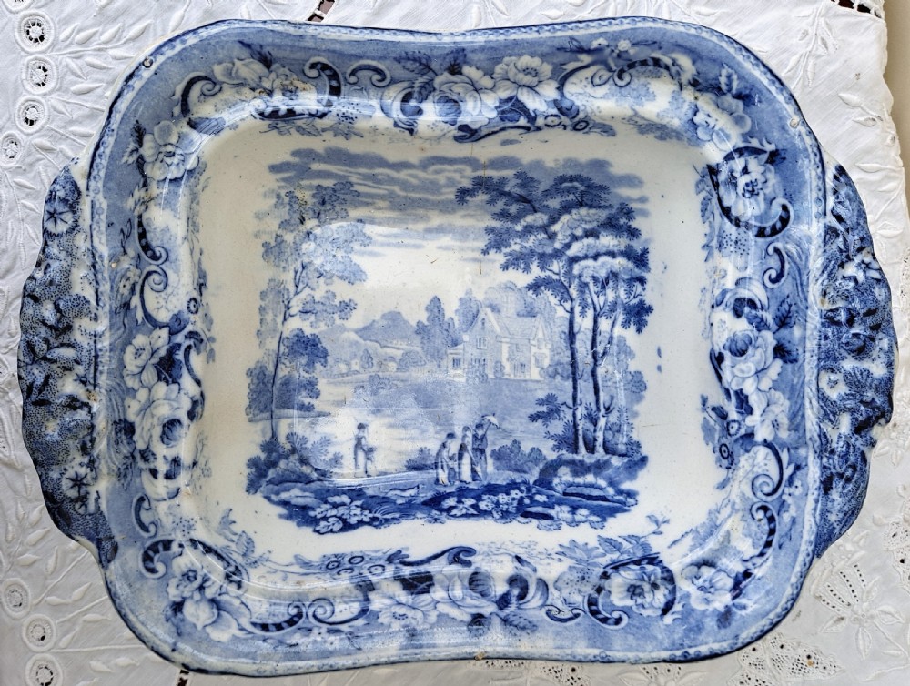 Victorian blue and white earthenware covered vegetable tureen featuring a printed rural landscape pattern. View VII