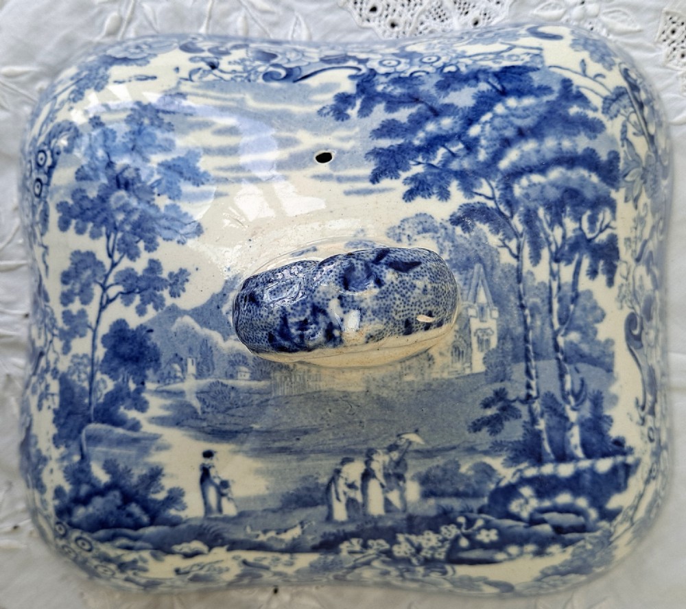 Victorian blue and white earthenware covered vegetable tureen featuring a printed rural landscape pattern. View VIII